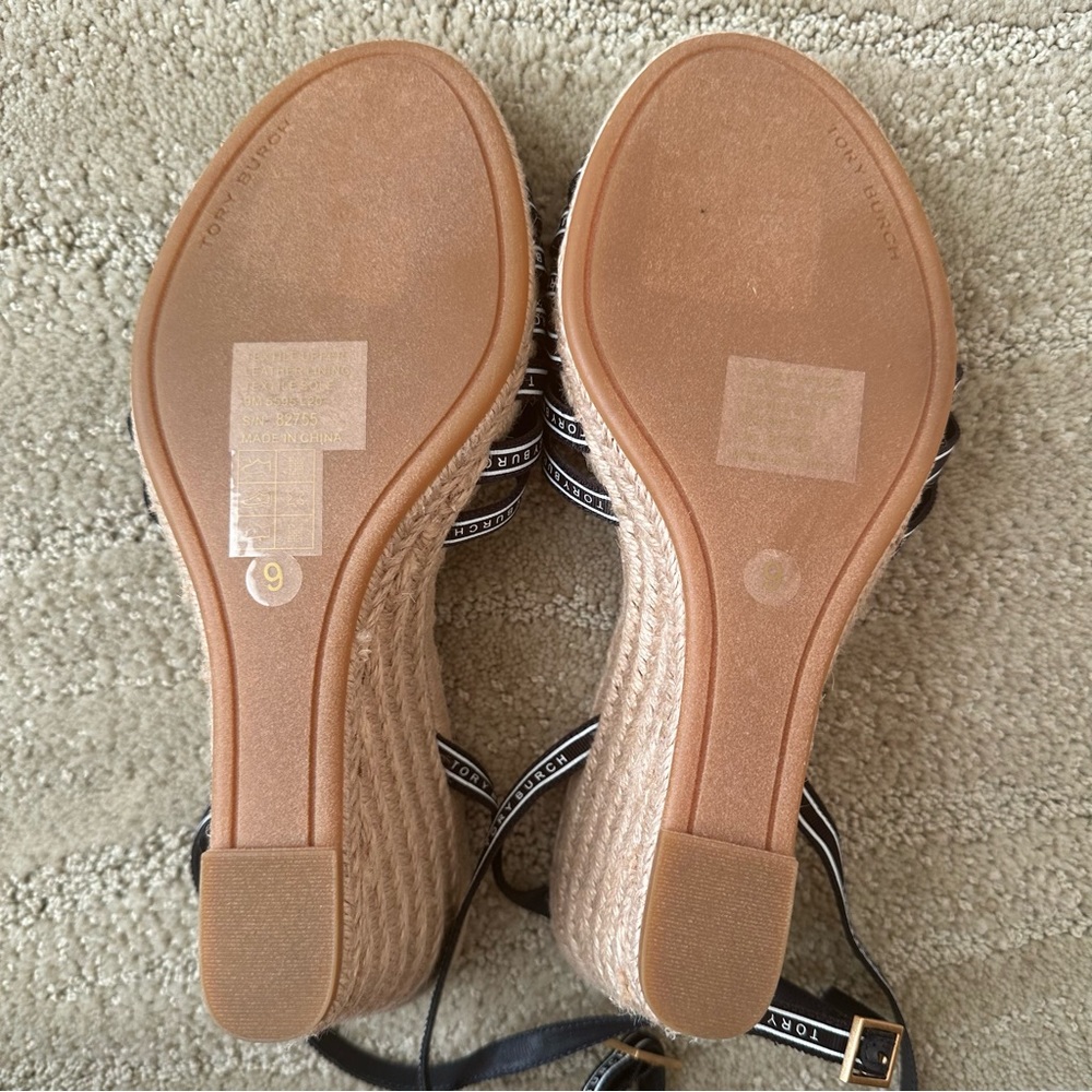 NEW Tory Burch Ribbon Strappy Wedge Espadrille Platform Sandals Navy Cream Tan 9 - Picture 15 of 16